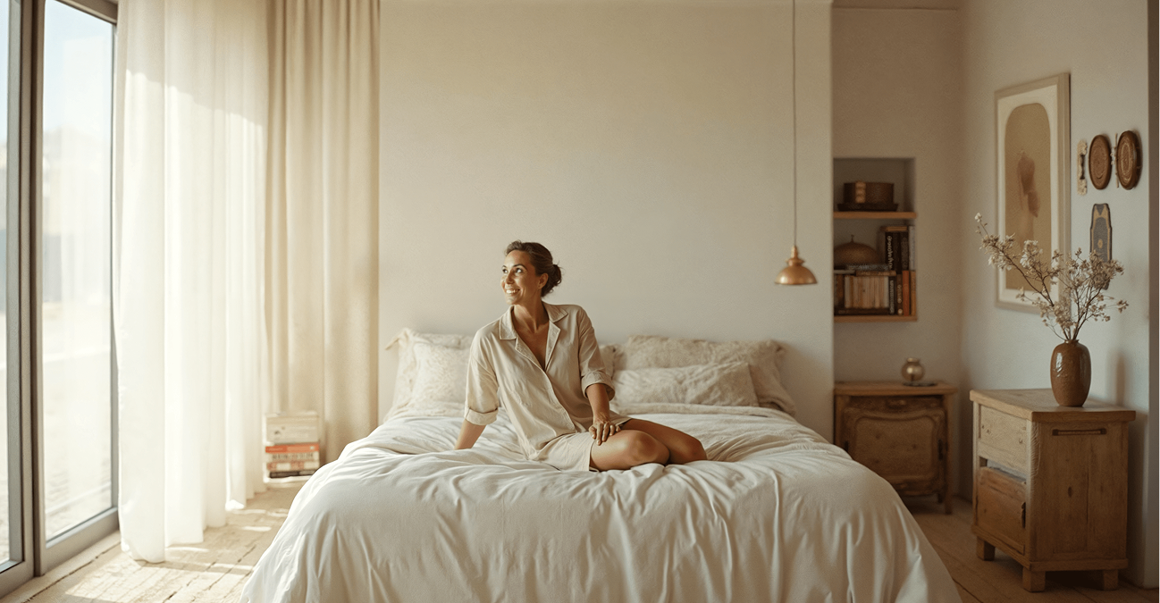 Frau im gemütlichen Schlafzimmer sitzt lächelnd auf einem Bett mit weißen Bettlaken, umgeben von Holzdekor und sanftem Licht.